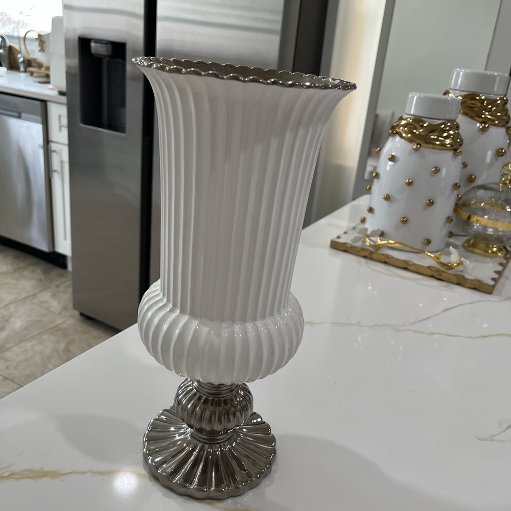 Chic White and Silver Fluted Vase